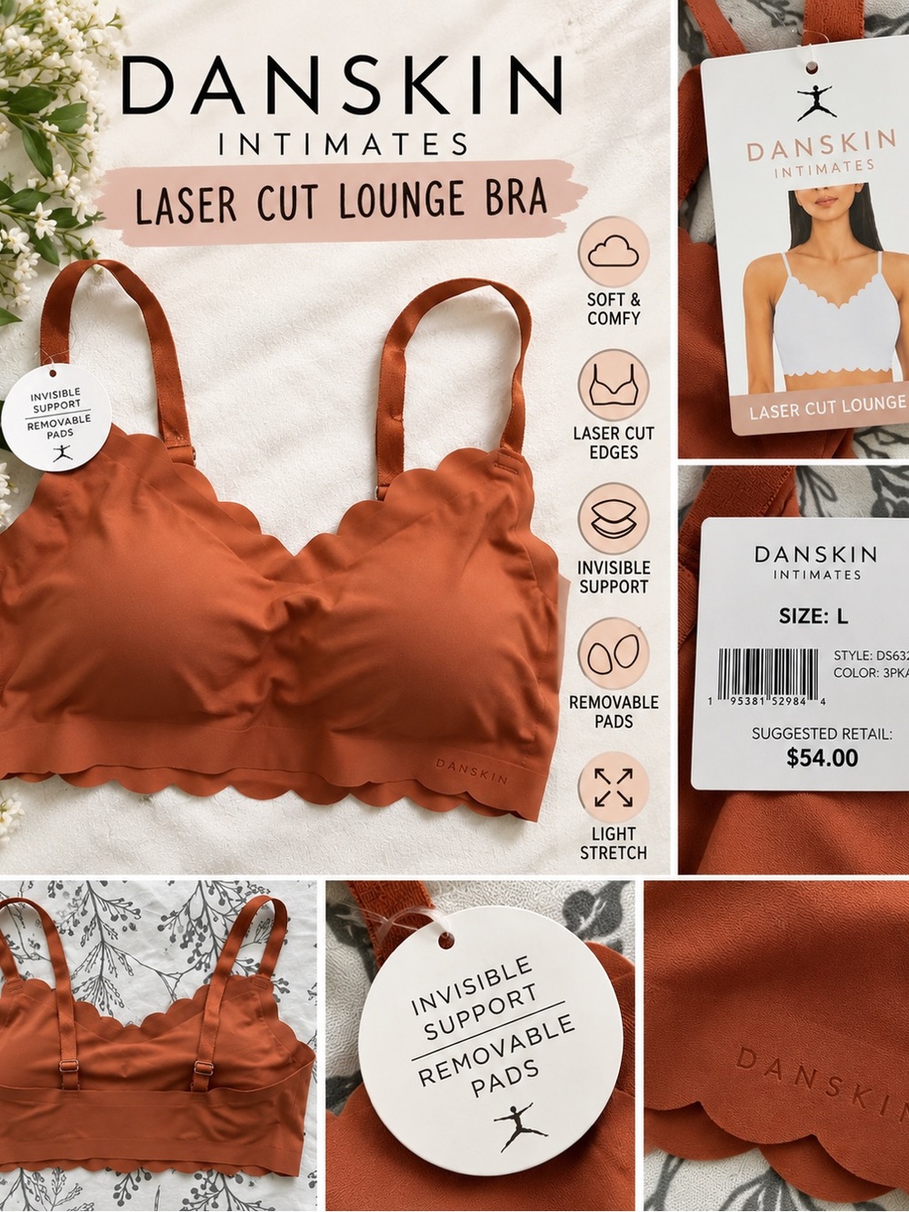 NWT Danskin Intimates Laser Cut Lounge Bra Rust Size L Removable Pads